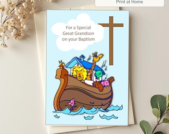Great Grandson Baptism Card, Noah's Ark and Cross, 5x7 Printable Digital Download