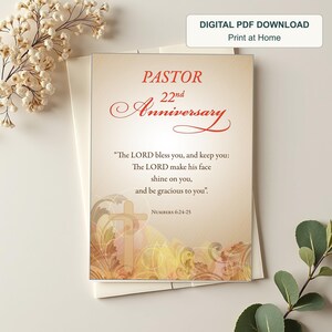 Pastor 22nd Ordination Anniversary Card, Christian Ministry Blessing, Cross Scripture, 5x7 Printable Download