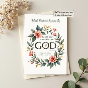 Christian Sympathy Printable Card, Psalm 46:10 Floral Wreath Condolence, 5x7 Download