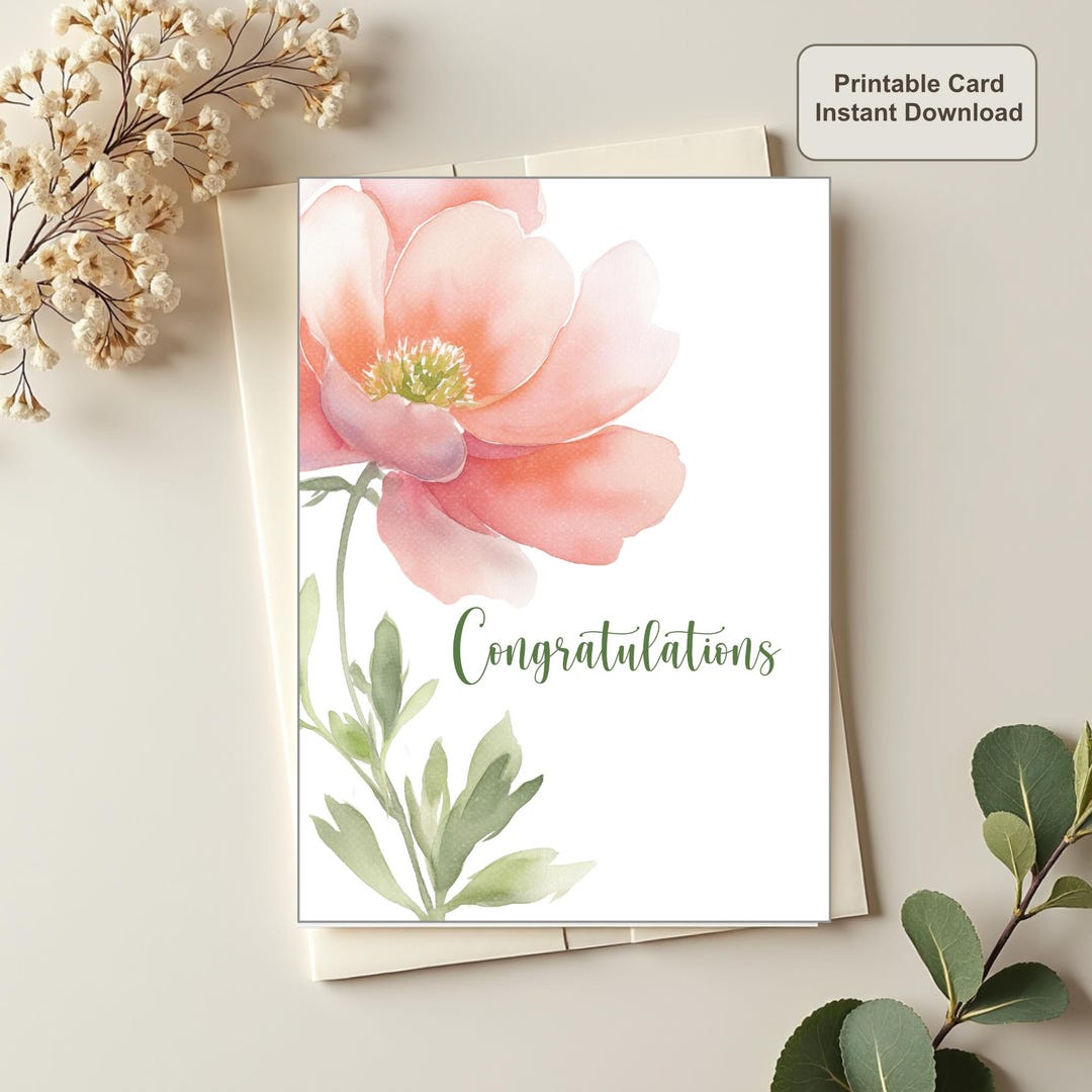 Congratulations Printable Card Floral Watercolor Botanical Flowers ...