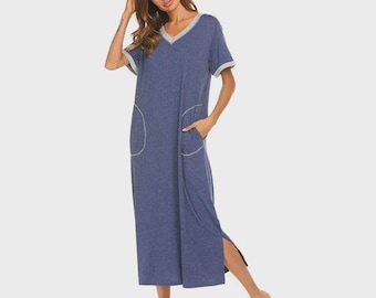 Camicia da notte lunga da donna in cotone, con scollo a V e tasche, traspirante, ideale per stare in casa.