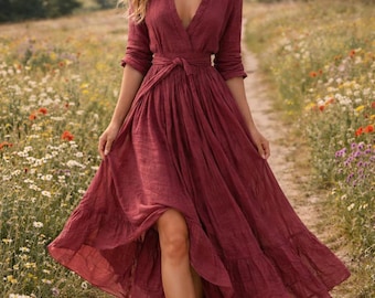 Vintage boho maxi-jurk dames – Cottagecore-stijl met lange mouwen en katoenmix