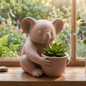 Peut inclure: Figurine d'ours koala beige clair tenant une petite plante succulente en pot. L'ours koala a les yeux fermés. Le pot a une surface texturée. La scène se déroule sur un rebord de fenêtre en bois avec de la verdure en arrière-plan.