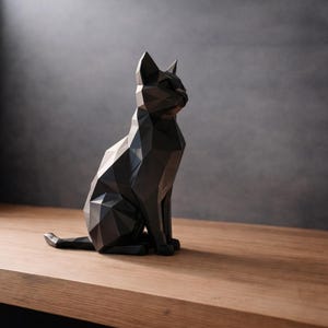 Op de afbeelding: Een zwarte geometrische kattenbeeldhouwwerk met een modern, hoekig ontwerp. De kat zit rechtop met zijn staart uitgestrekt. De sculptuur is gemaakt van een donker materiaal en staat op een houten oppervlak.