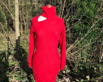 Size 10 Red Knitted Lambswool Keyhole Rollneck Dress