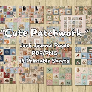 Può includere: Pagine di diario "Cute Patchwork". L'immagine mostra 19 fogli stampabili con vari disegni patchwork. Ogni foglio presenta un motivo diverso con immagini di animali, case ed elementi floreali. La combinazione di colori è morbida e pastello.