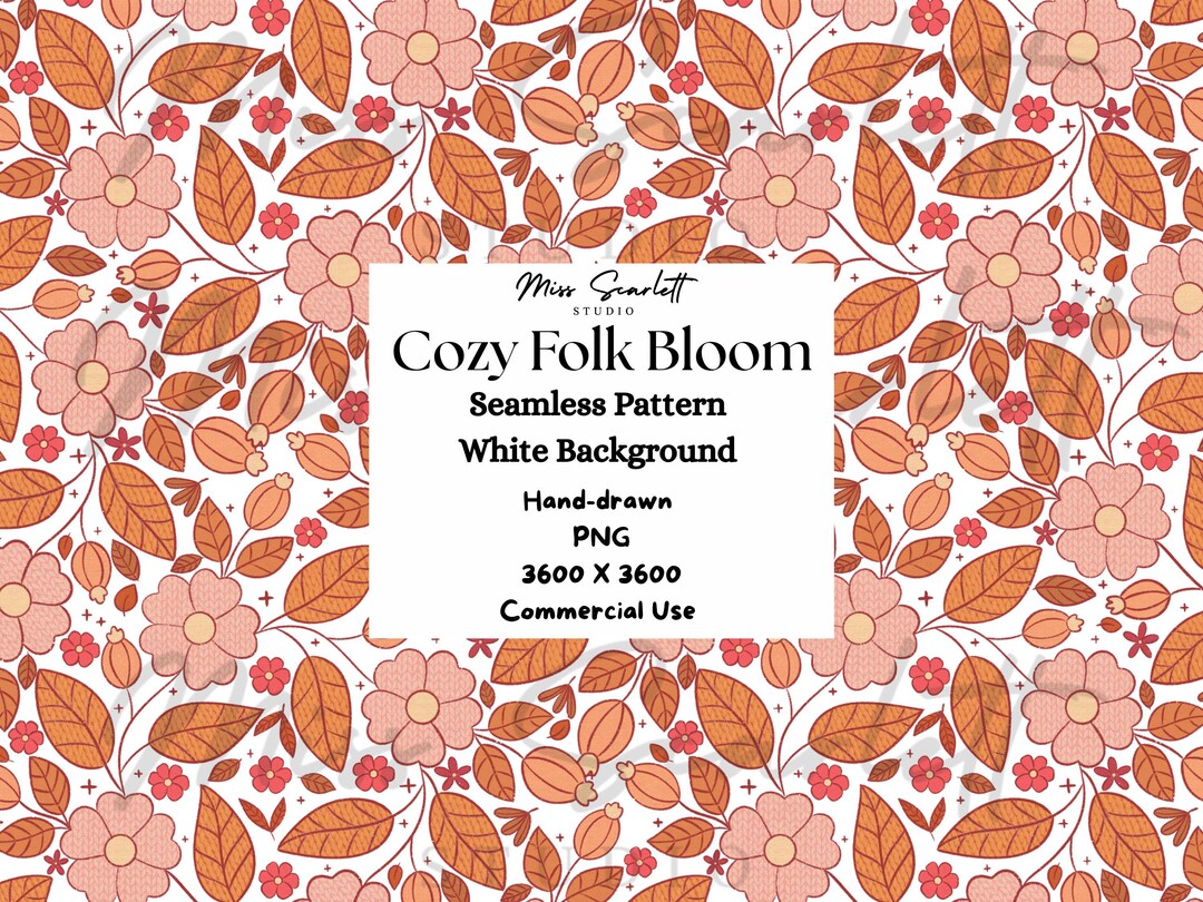 Floral Seamless Pattern White Background, Cute Folk Flowers & Leaves ...