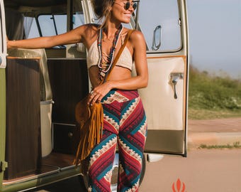 Tribal Flared Leggings - High Waist Sculpt Fit Yoga Hose, Boho Activewear