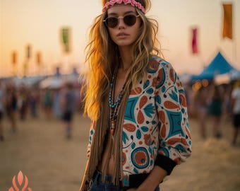 Paisley Boho Bomberjacke, Petrol & Terrakotta Statement Layer, Leichte bedruckte Streetwear, Boha Sugera