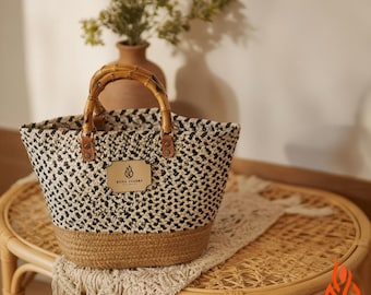 Einkaufstasche aus gewebtem Stroh - Bambusgriff Boho Strand Sommer Schulter Tasche