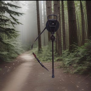 Puede incluir: Un monopié negro y marrón con un asa y una correa, sobre un fondo de sendero forestal. El monopié parece ser de metal y tiene una parte superior circular. La correa es negra y marrón.