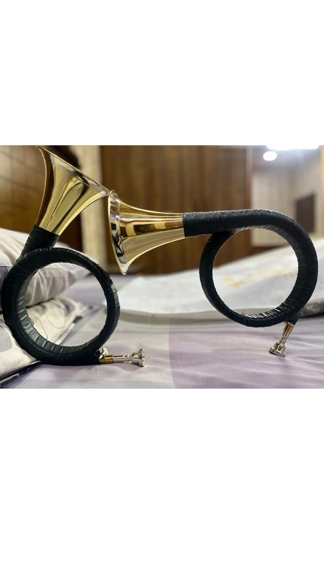 【希少・フランス製】アンティーク 真鍮 ハンティングホーン 狩猟笛 16cm BB French Hunting Horn Musical Instrument White Copper Collar