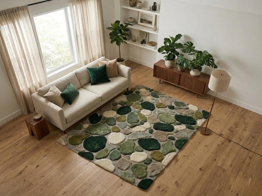 Hand Tufted Moss Rug, Pebble Stone Wool Carpet, Green Abstract Area Rug ...
