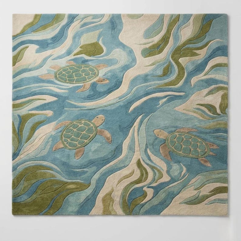 Sea Turtle Area Rug, Coastal Ocean Rug, Blue Green Hand Tufted Wool Rug ...