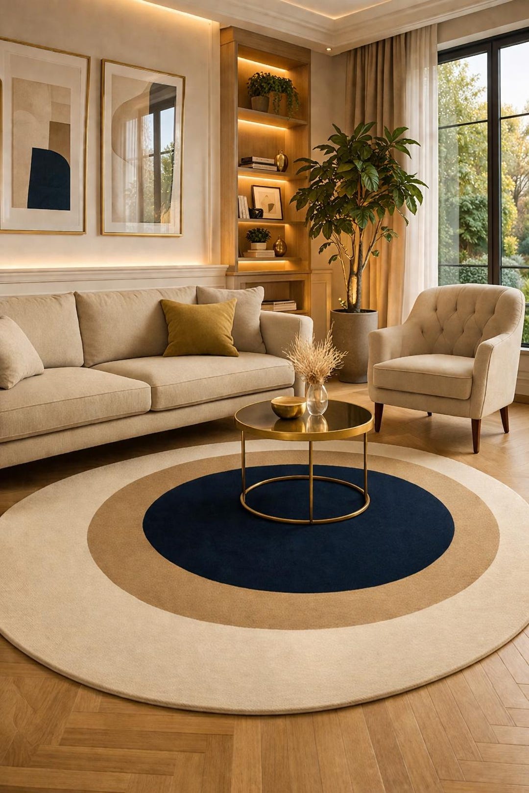 Modern Round Rug,circle Pattern,navy Blue Beige & Cream Wool,hand ...