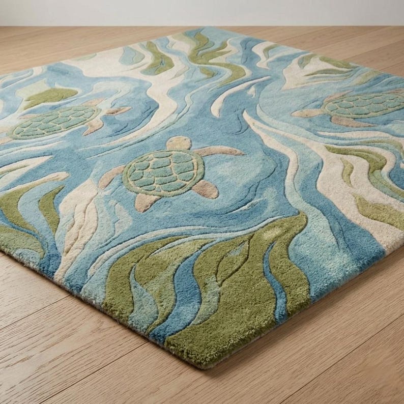 Sea Turtle Area Rug, Coastal Ocean Rug, Blue Green Hand Tufted Wool Rug ...