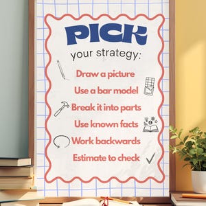 Peut inclure: Une affiche éducative encadrée avec les mots "PICK your strategy:" en bleu. L'affiche énumère des stratégies de résolution de problèmes telles que "Draw a picture" et "Estimate to check". Le fond est un motif quadrillé avec une bordure ondulée rouge.