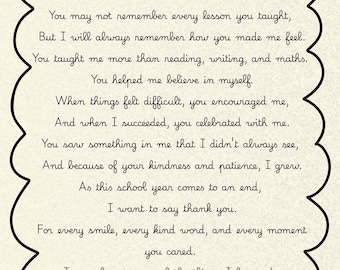 End of Year Teacher Poem Gift | Emotional Printable Teacher Appreciation Poem | Thank You Teacher Keepsake (Available in 3 Colours)