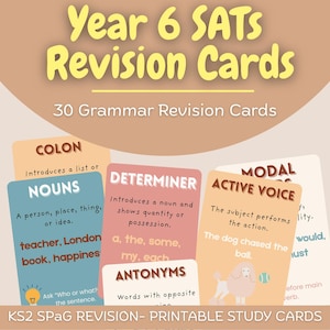 Può includere: Un set di schede di revisione SATS di 6° anno. Le schede, in vari colori, presentano argomenti di grammatica come nomi e voce attiva. Il testo "30 schede di revisione grammaticale" è ben visibile.