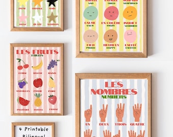 French English Vocabulary Posters for Kids | Bilingual Classroom Posters | Numbers, Emotions, Fruits & Colours | Printable Classroom Decor