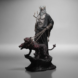 May include: A detailed statue of a mythological figure holding a trident and chains attached to a three-headed dog. The figure is wearing a crown and a dark robe. The dog is black with glowing red eyes. The statue is on a dark base.