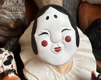 Figura de madera tallada a mano de Okame (Otafuku) - Escultura de arte popular japonés de la "Diosa de la Alegría" - Decoración única hecha a mano para la buena fortuna