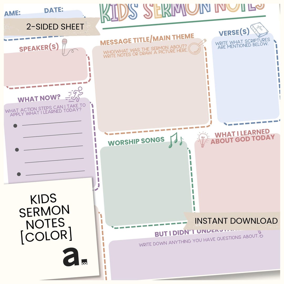 Kids Sermon Notes Color Printable | Church Activity Page | Bible ...