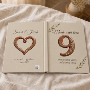 Könnte beinhalten: Ein aufgeschlagenes Buch mit beigem Einband, das den Text Sarah & Jacob, ein kupferfarbenes Herz und den Text shaped together since 2017 zeigt. Die rechte Seite enthält den Text Made with love, eine große kupferne 9 und remarkable years still growing strong.