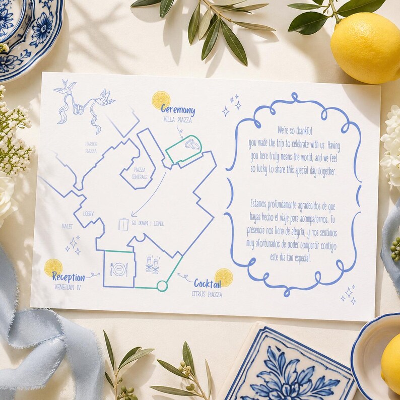 Lemon Blue Wedding Map Template, Editable Canva Venue Direction Card ...