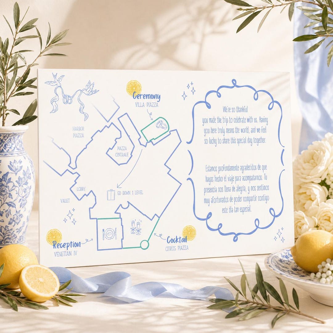 Lemon Blue Wedding Map Template, Editable Canva Venue Direction Card ...