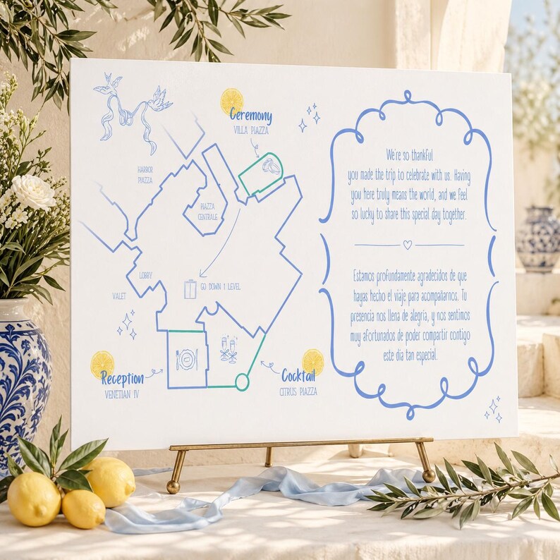 Lemon Blue Wedding Map Template, Editable Canva Venue Direction Card ...