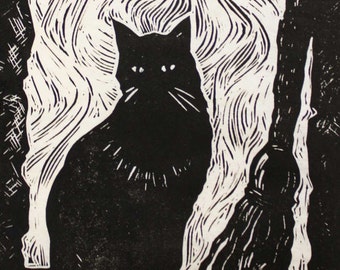 The Witch’s Cat original Linocut print by Cynthia Cratsley