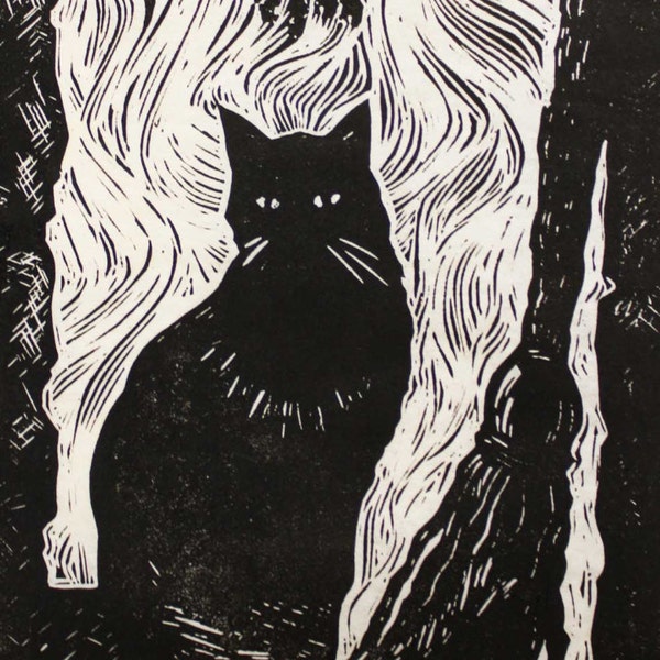 The Witch’s Cat original Linocut print by Cynthia Cratsley