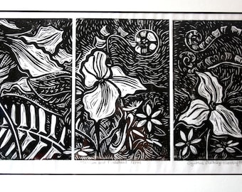 Trillium and Fiddlehead Ferns Linoleum Print
