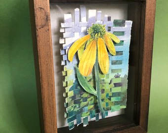 Ten Petal Sunflower watercolor weaving in a shadow box