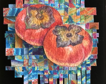Pair of Persimmons Watercolor and Woven Paper
