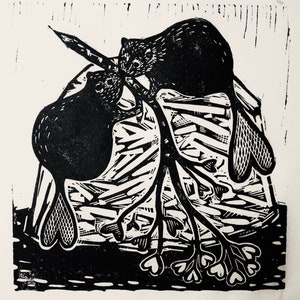 Valentine Beavers Linocut