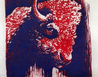 Buffalo Linocut in Red and Blue
