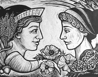 Demeter and Persephone Linocut in Black and White