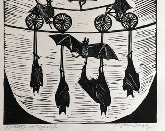 Acrobats On A Tightrope Linocut