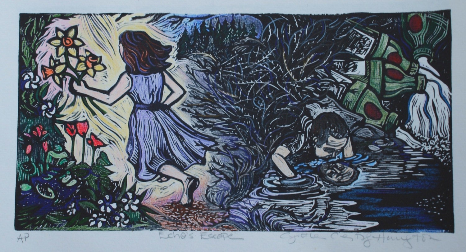 Echo and Narcissus Hand Colored Linoleum Block Print - Etsy Israel, image size:1500x813
