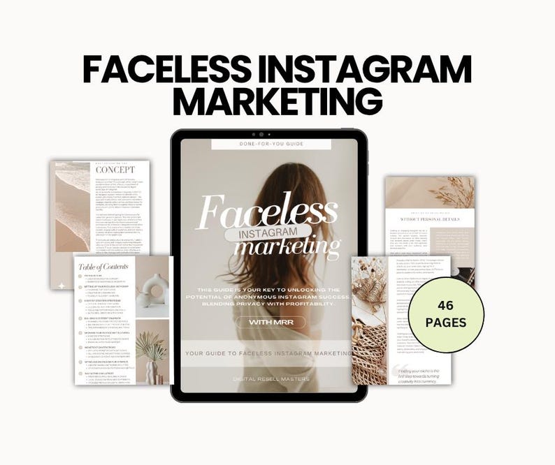 Faceless YouTube automation and Instagram growth guides mockup, digital download bundle with resell rights for entrepreneurs