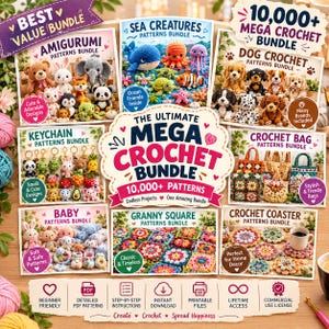 Pode incluir: Um gráfico promocional digital para um pacote de mais de 10.000 padrões de crochê. A imagem exibe vários cartões menores com amigurumis, criaturas marinhas, cães, chaveiros, bolsas, itens de bebê, quadrados de vovó e porta-copos com texto.