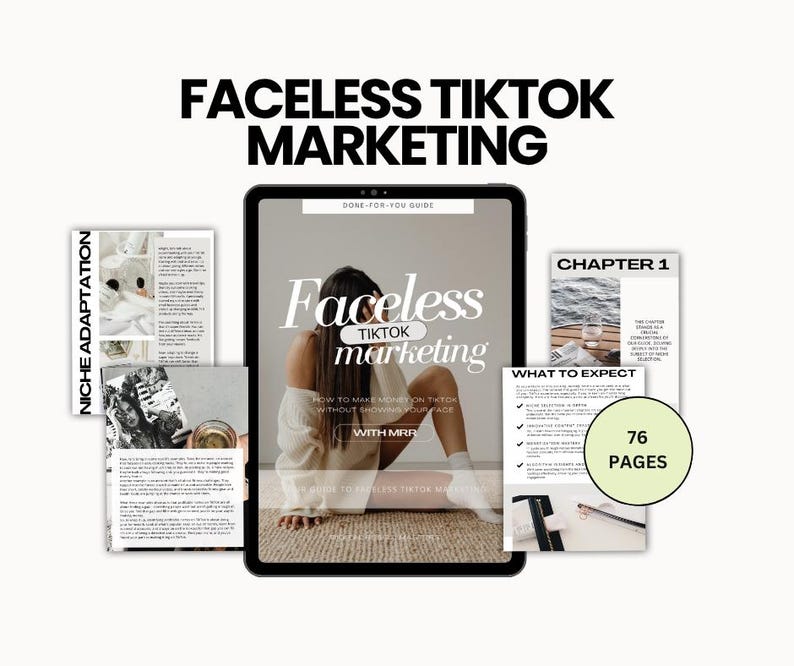 Faceless digital marketing PLR bundle mockup featuring 9 eBooks for TikTok, Instagram, and YouTube growth, editable and resell rights included digital product