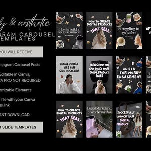 May include: A black graphic with the text "Trendy & aesthetic INSTAGRAM CAROUSEL TEMPLATES." The image includes examples of Instagram carousel posts with text like "How to create digital products that sell" and "Optimize your faceless IG account."