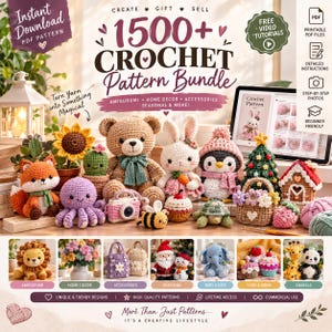 May include: A digital bundle of 1500+ crochet patterns featuring various amigurumi figures like a bear, rabbit, penguin, fox, and octopus. The image includes text such as Create, Gift, Sell, 1500+ Crochet Pattern Bundle, and categories like Amigurumi, Home Decor, Accessories, Seasonal, Baby & Kids, Food & Drink, and Animals.