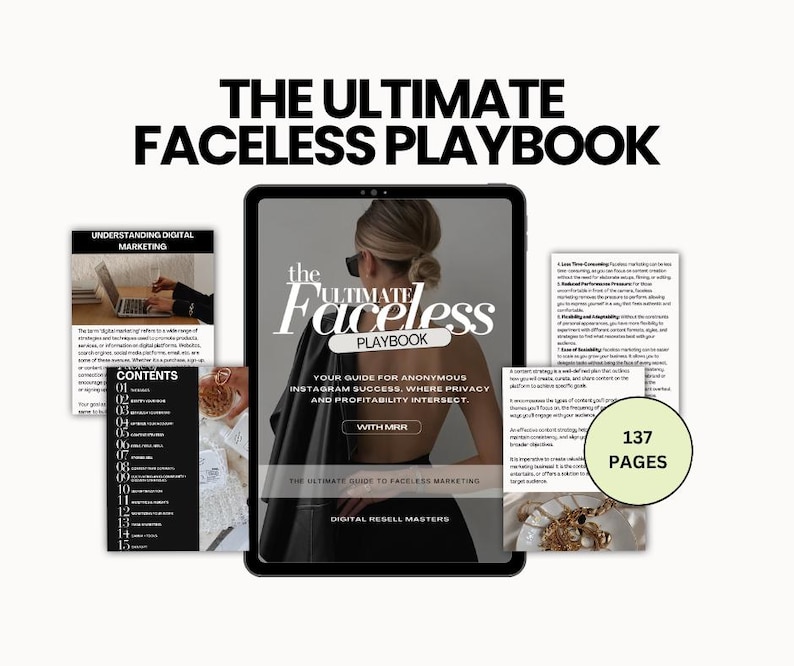 Faceless Instagram and TikTok marketing guides mockup showing editable PLR eBooks for content creators and online entrepreneurs