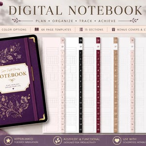 May include: A digital notebook displayed on a tablet screen with a deep purple cover featuring gold floral line art and the text NOTEBOOK. Beside it are 15 tabbed page templates in various colors, each with numbered sections and grid layouts.