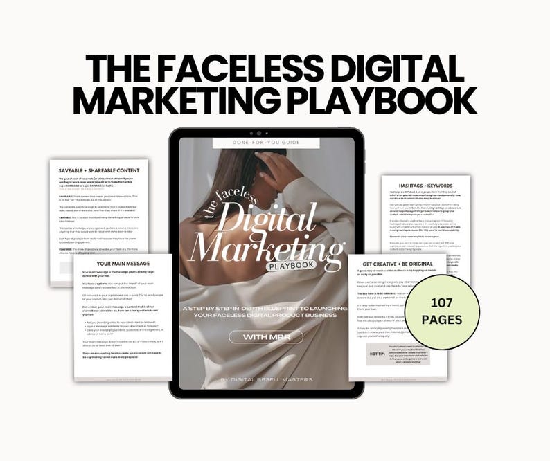 Digital marketing eBook bundle mockup with faceless content strategy guides, PLR and MRR rights, perfect for passive income and social media business