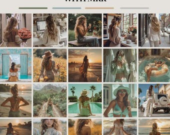 Gesichtslose Ästhetik Fotos Goldene Sonnenuntergangsstunde Fotos Küstenblau Bilder Grün Neutral Feminine Geschäftsfotos IG Vorlagen PLR MRR